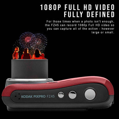 Kodak PIXPRO FZ45 (Red) Bundle - Friendly Zoom Camera with Case, 128GB SD Card and Batteries